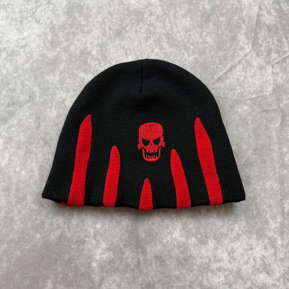 Black Red Skull Graphic Beanie Knit Hat Punk Goth Streetwear Skullhead Cap